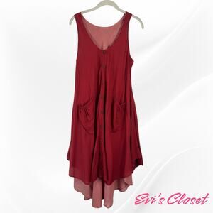 Women's BOHO Sleeveless Mock Button Front Midi Dress S M Red Outer Pink Inner